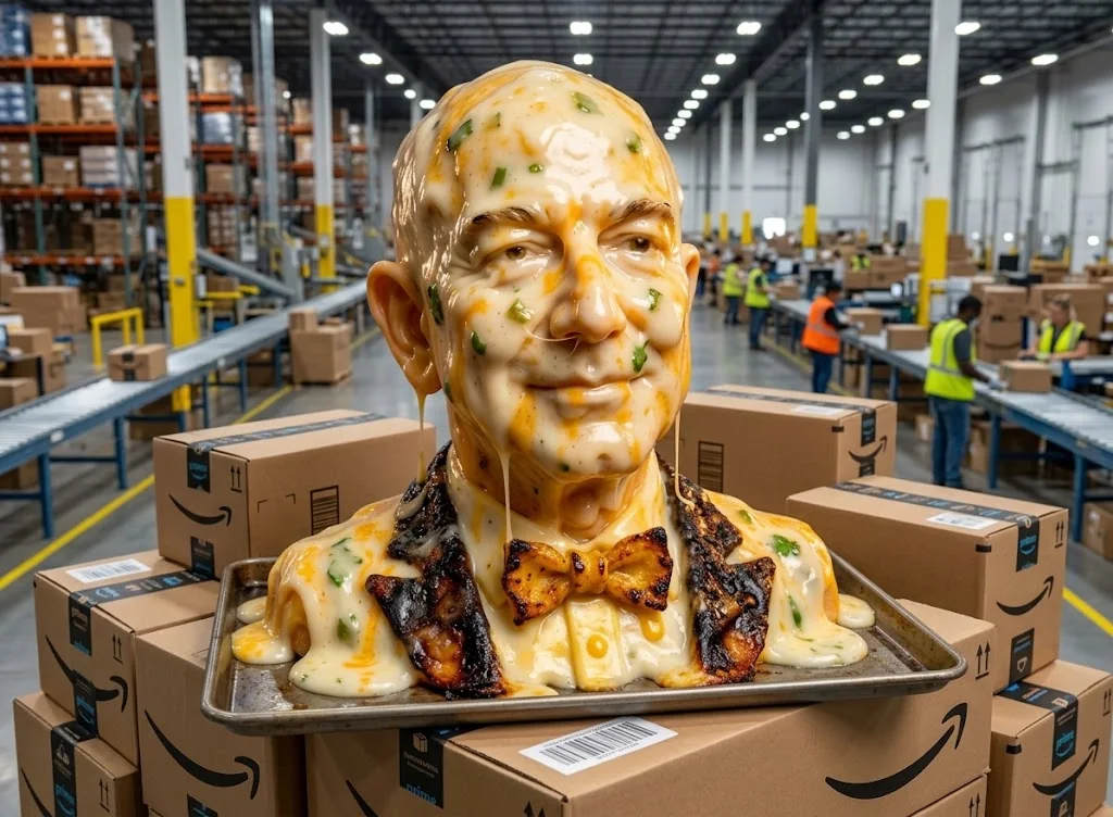 A cheese bust of a bald man with a charred bacon bow tie, resting on a tray of Amazon boxes in a warehouse