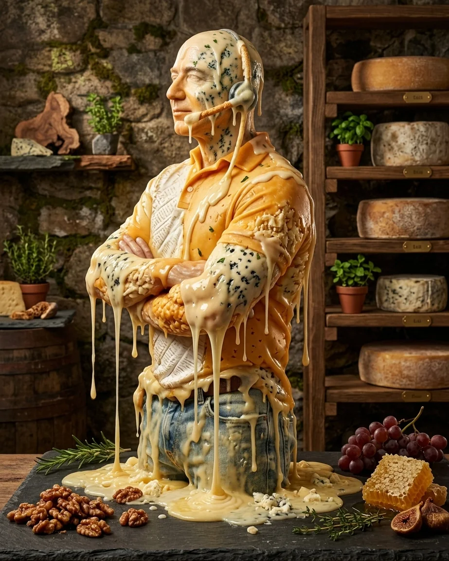 A man rendered in melting blue cheese, arms crossed, wearing a headset in a stone cheese cellar