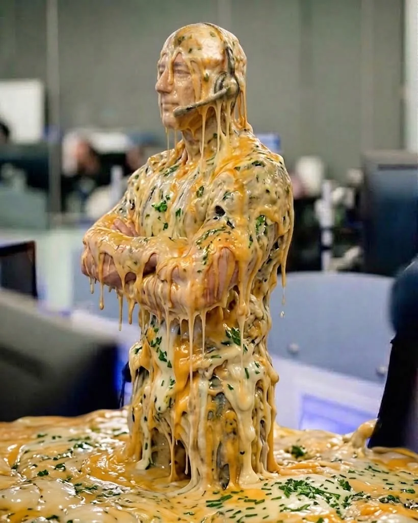 A cheese-covered man in a headset taking calls at a desk, cheese dripping from his suit